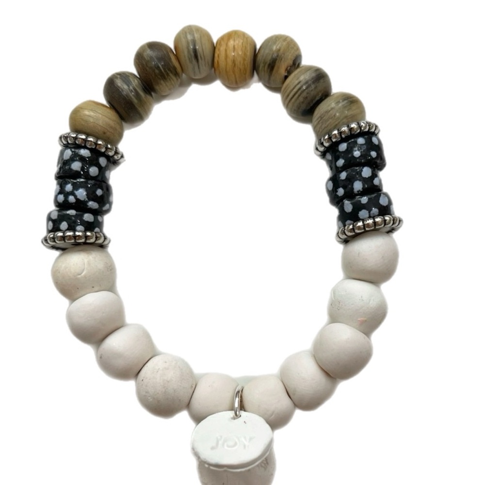BRAND NEW ✨Ghana glass beads in neutral with hand-rolled clay in white.